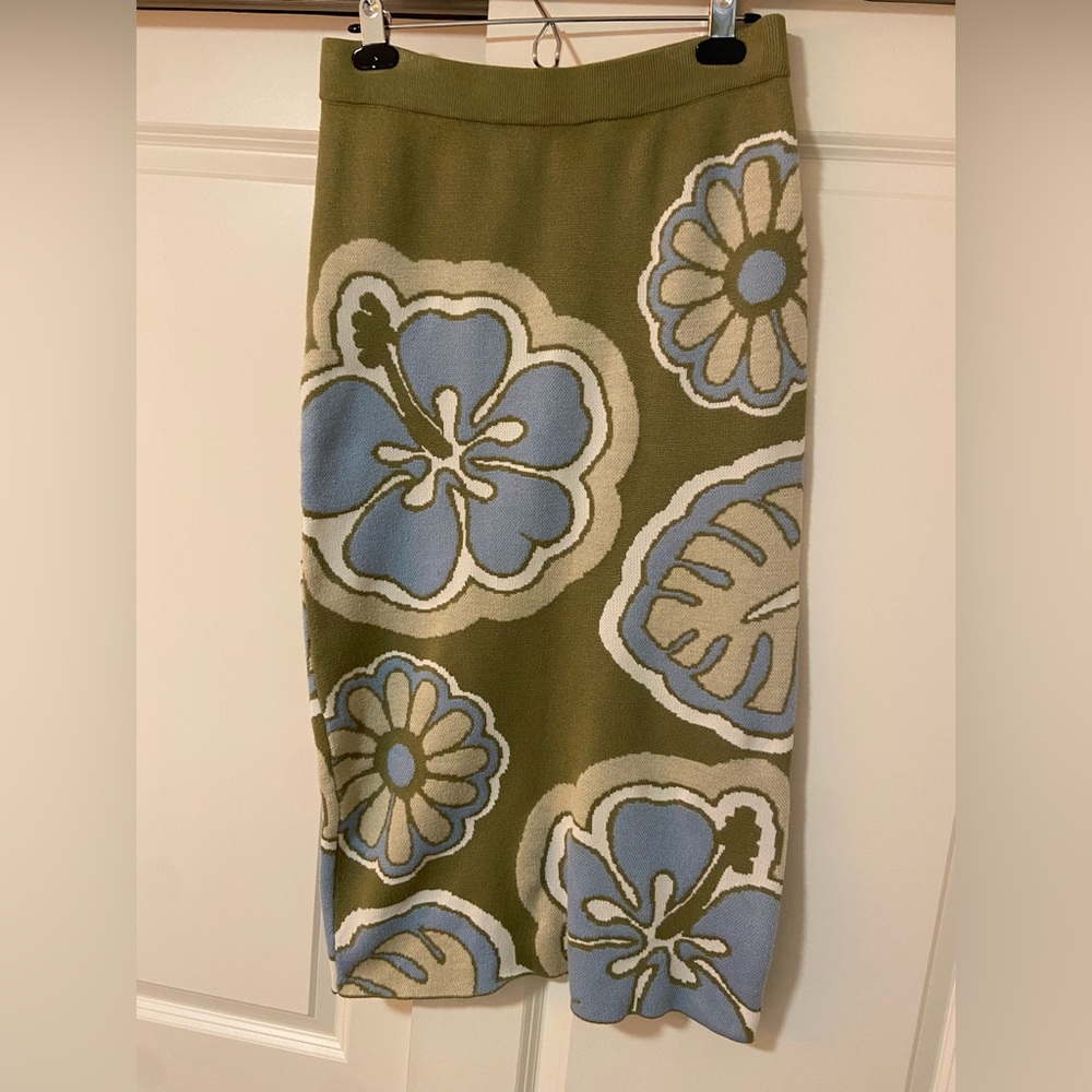 Sage Green Floral Bodycon Sweater Midi Skirt